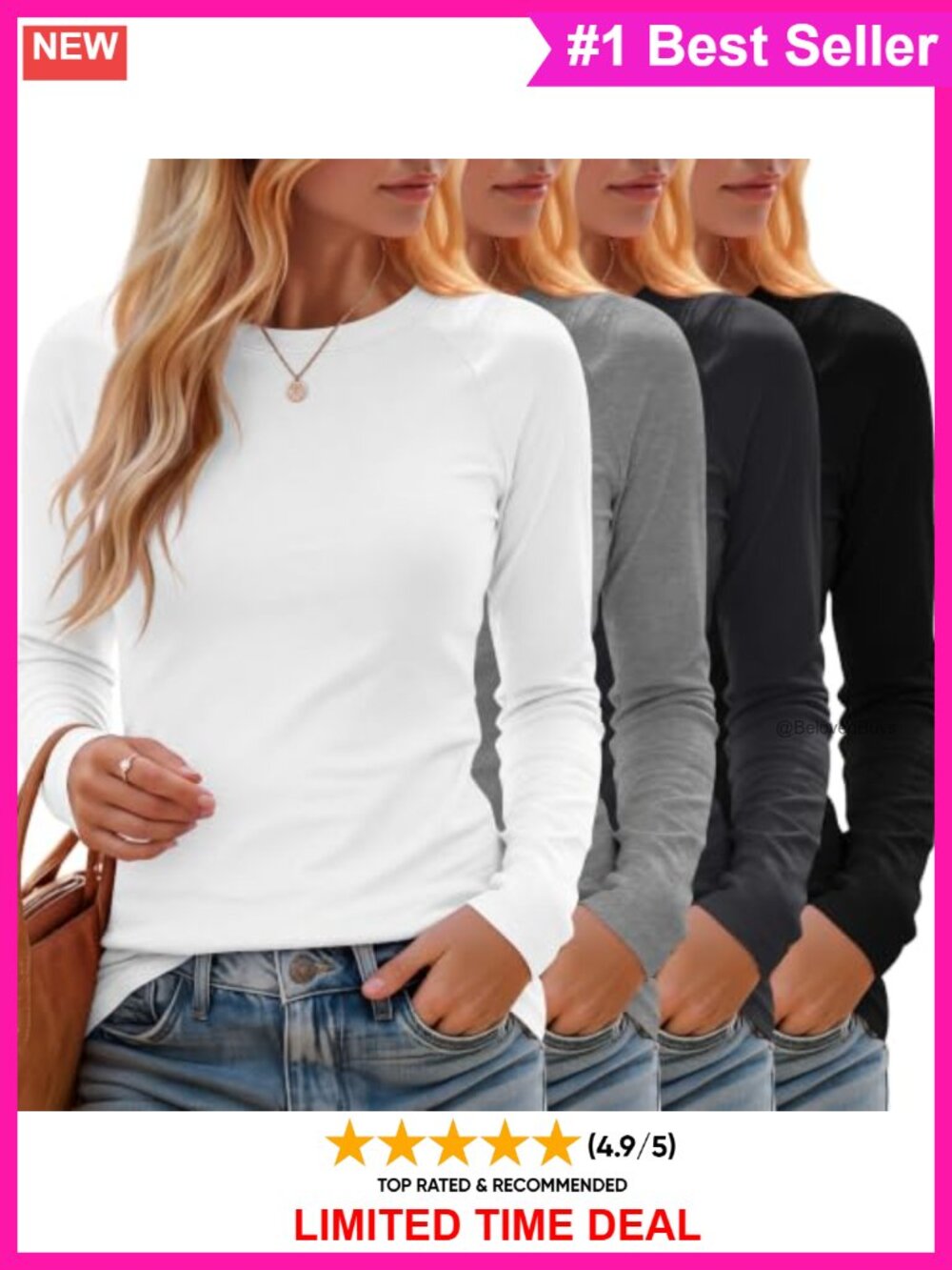 Women's Long Sleeve Cotton Blend Crew Neck T-Shirt 4-Pack Slim Fit Fall Tops